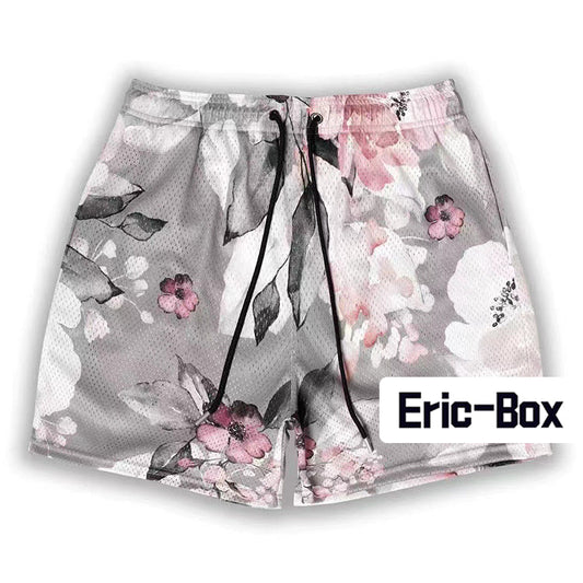 Minimalist Modern Watercolor Floral Mesh Shorts - Grey Pink